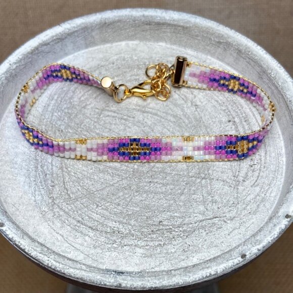 Hand Crafted Jewelry - Purple White  and Gold Beaded Bracelet
